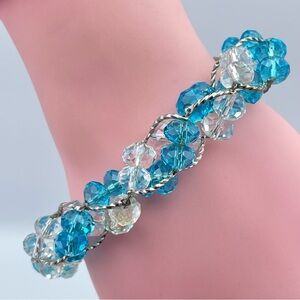 Vintage Crystal Beaded Bracelet Blue Clear Aurora Borealis Silver Tone